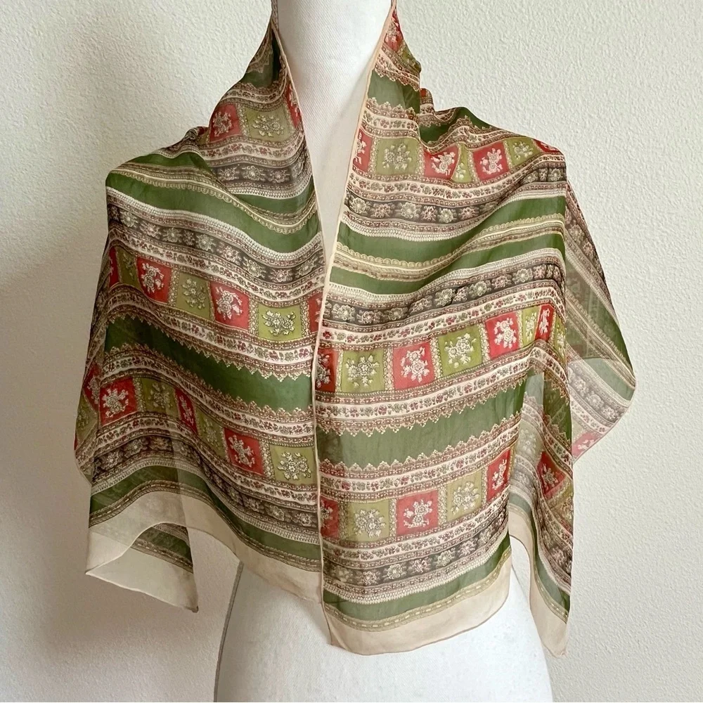 Echo pure silk Festive Green and Red Patterned scarf 17/43 inches
